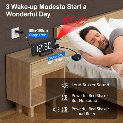 Réveil à projection, réveil vibrant puissant pour gros dormeurs, réveil miroir numérique LED 7,6 pouces avec secoueur de lit pour sourds malentendants, double alarme 12/24 heures, volume 16 niveaux (1/4)