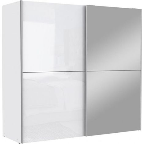 Armoire 2 portes coulissantes 5 tablettes blanc laqué miroir - JEIK (1/5)