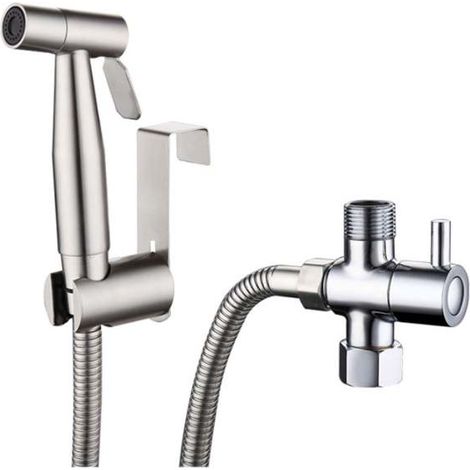 Kit portátil de limpieza corporal fabricado en acero inoxidable 304 (incluye boquilla, adaptador para inodoro y manguera) y juego de boquillas para asiento de inodoro de 7/8" para montaje en pared. (1/5)