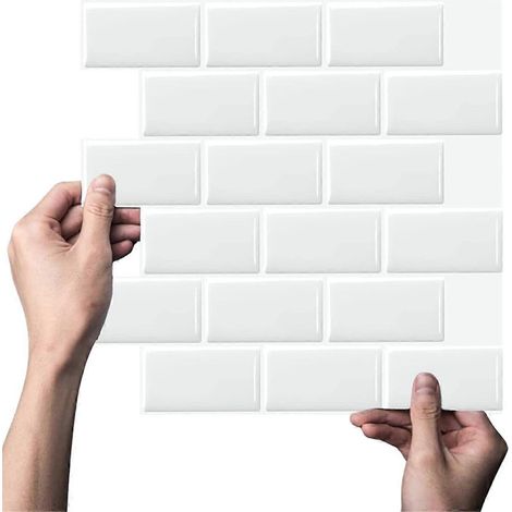 Lot de 10 feuilles de carrelage métro blanc en PET, autocollantes, 30 cm (12 pouces), résistantes à la chaleur et imperméables, pour crédence de cuisine. (1/5)