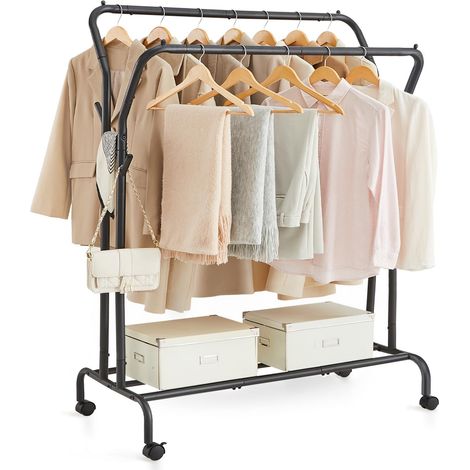 Portant à Vêtements avec roulettes, Double Barre, Porte-Manteau, en Acier, Charge 100 kg, Largeur de 103,5 cm, Rangement Polyvalent, Noir HSR107B01 (1/5)