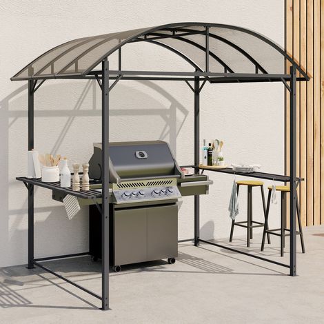 Refugio para barbacoa 240 x 150 x 220 cm con estantes, metal gris y techo de policarbonato