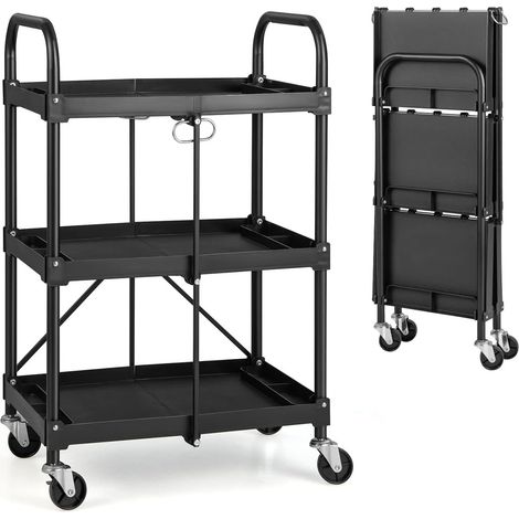 Goplus – Chariot de service pliable 3 niveaux – 4 roues universelles avec freins – Design compact pour garage et bureau – Installation facile
