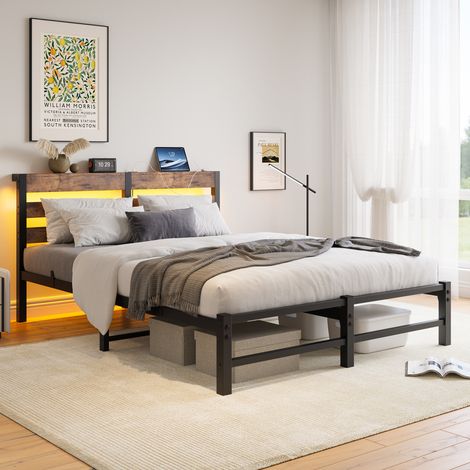REDOM cama 140x190 cm con LED RGB y 2 USB, espacio de almacenamiento, metal y madera, negro marrón (1/5)
