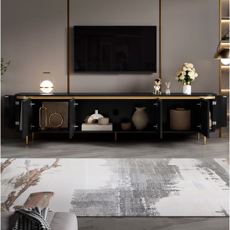MODFU – Mueble TV 180x38x46 cm con 6 puertas sin tirador, pasacables, estructura de MDF y patas metálicas, carga 50 kg – Negro (1/5)
