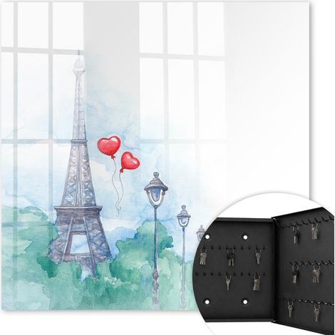 Armoire à clés - (30 cm x 30 cm) - Boîte à clés murale - Coffret de rangement pour clés - Couleur noire - Ouverture vers la droite - Pour maison et bureau - Paysages parisiens