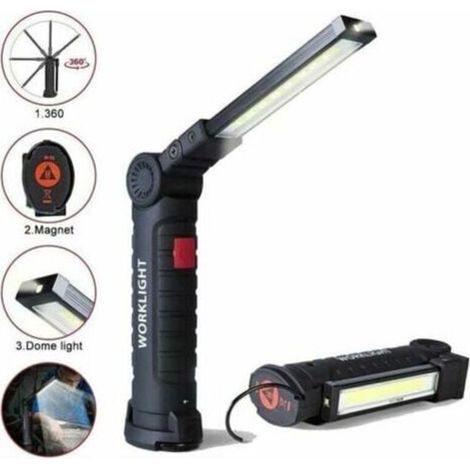 Lampe de travail LED rechargeable avec 800 lumens, base magnétique, 5 modes pour garage, camping, urgences, lampe torche baladeuse LED. (1/4)