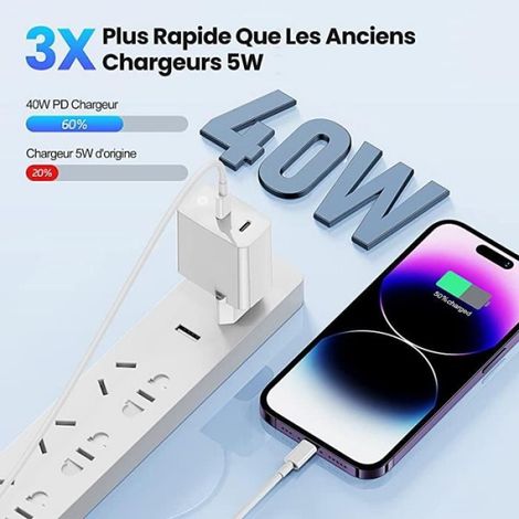 Adaptateur Secteur - USB C - 40W - Charge Rapide - Double Sortie - Compatible iPhone 14/13/12/11 (1/4)