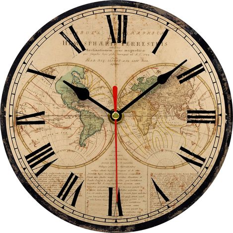Carte du Monde Horloge Murale Vintage Bois 30 cm, Retro Silencieuse sans Tic-Tac Décorative pour Salle de Bain Cuisine Salon (1/5)