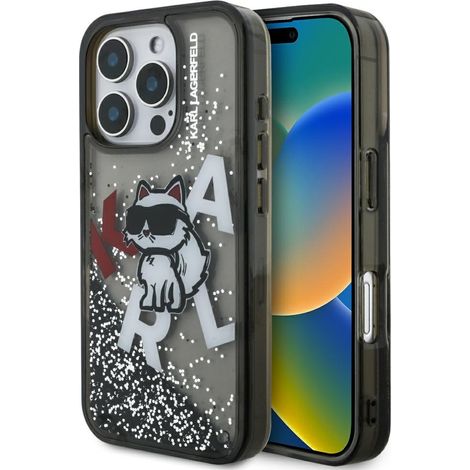 Custodia con logo Karl Lagerfeld Liquid Glitter Choupette per iPhone 16 Pro, nera