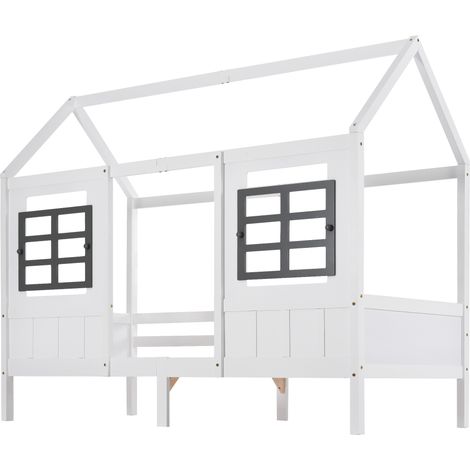 Cama casita infantil blanca 200x90 cm con 2 ventanas en pino y MDF (1/5)