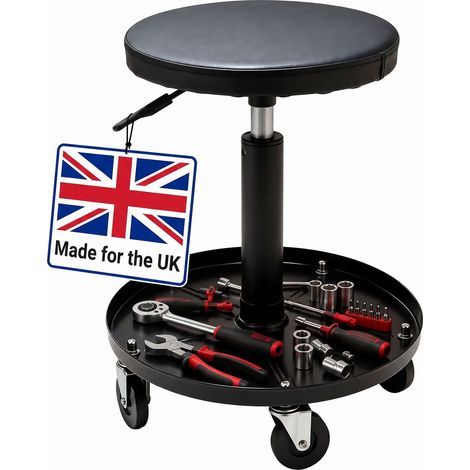 Relaxdays workshop stool, height-adjustable, assembly stool, tray, 5 castors, H x D: 42-56 x 38 cm, metal, black (1/5)