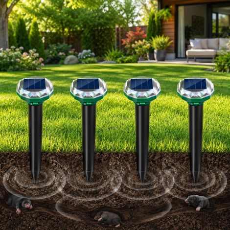 Set of 4 Solar Mole Repellent, Professional Ultrasonic Mole Repellent, IP65 Waterproof, Effective Vole Repellent, Rodent Repellent for Outdoor Use, Solar Powered Repellent Devices for Yard, Garden (1/5)