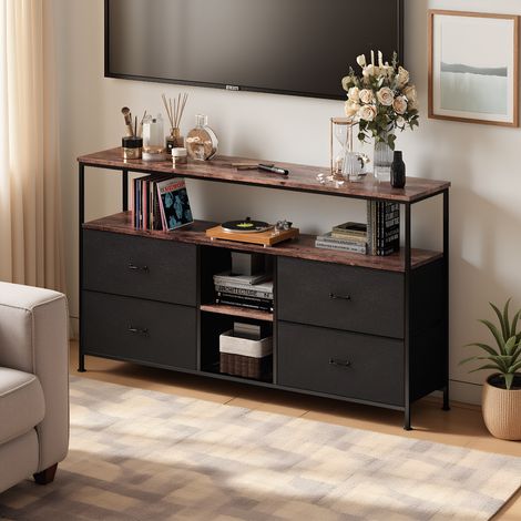 TV-Schrank mit LED, Fernsehschrank mit 4 Schubladens und 3 offenen Fächern, modern TV - Table mit integriertes Kabelmanagement, für TVs bis 65 Zoll, Schwarz, 137 x 29.8 x 57 cm (1/5)