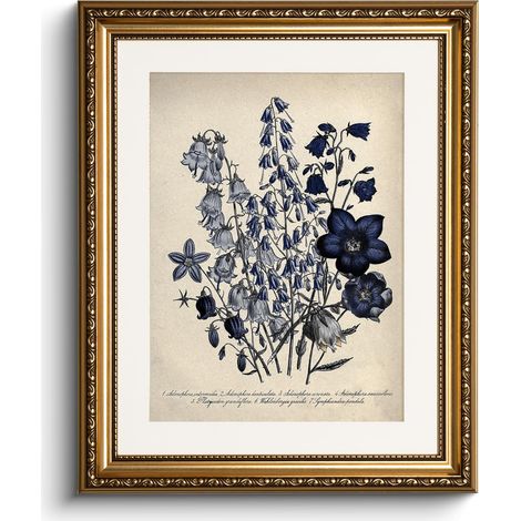 Impression sur toile avec cadre doré - Décoration murale vintage classique - Pour salon, chambre à coucher, salle de bain, cuisine, ferme - Décoration esthétique - Plantes bleues - 33 x 40 cm (1/5)
