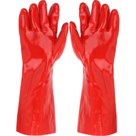 Lange PVC-Handschuhe, chemikalienbeständig, beständig gegen Säuren, Laugen und Öle, zum Handschutz in Industrielaboren. (1/5)