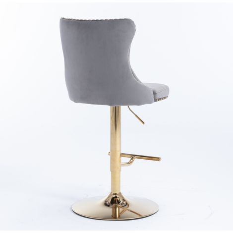 Tabouret de Bar Pivotant en Velours, Hauteur Réglable 63-84 cm, Chaise Comptoir avec Dossier Capitonné à Boutons et Clous Dorés, Piètement Doré, Siège Rembourré pour Îlot de Cuisine, Pub, Café, Gris, (1/5)