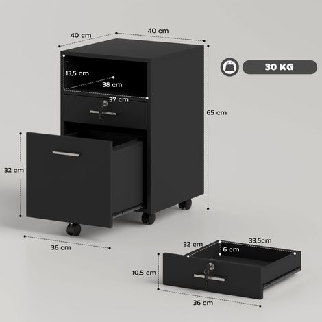 Caisson bureau mobile 2 tiroirs dont 1 verrouillable, 5 roulettes, 40x40x65 cm, dossiers, coloris noir (1/5)