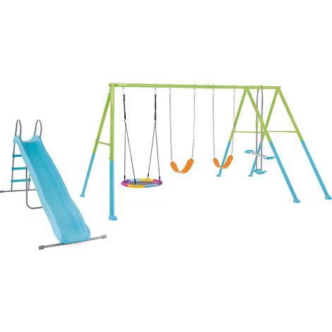 Intex – Portique-balançoire 5 agrès – 2 balançoires, face à face, nid d'oiseau, toboggan – Acier – Dimensions 4,42 x 2,35 x 2,00 m