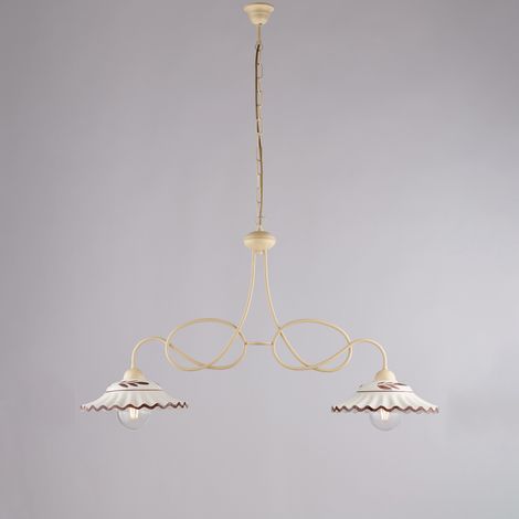 Lustre Bistrot Fer Ivoire, Effet Décapé, Diffuseurs Céramique D.30, Blanc/Marron, 2 Lumières 98X30 Cm, Déco Cosy