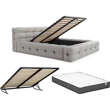 Letto con contenitore trapuntato 160 x 200 cm Tessuto chiné Grigio + Materasso - LERUCO (1/5)