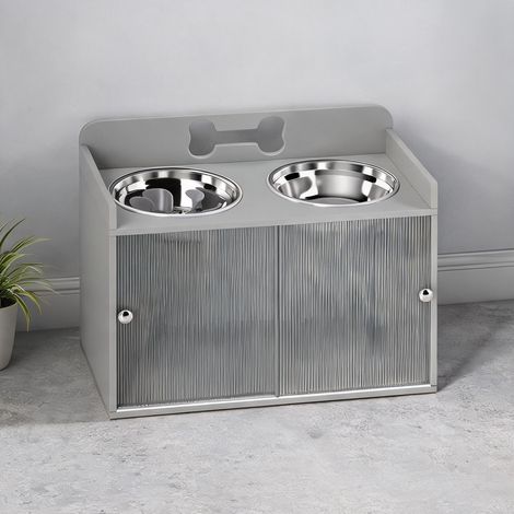 Cantine surélevée pour chien avec rangement et gamelles en inox (1/5)
