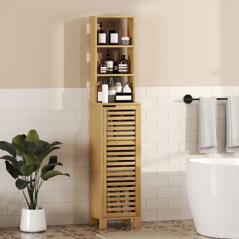 Mobiletto da bagno stretto, mobile alto con 3 ripiani a giorno, ripiani regolabili, anta a doghe, 34 x 30 x 170 cm, finitura naturale.