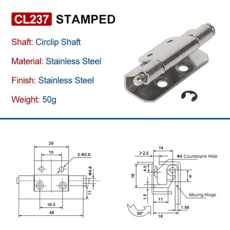 (CL237-304-CYX-KHG-6PCS)CL237 Charnière d'armoire pour porte d'armoire industrielle DB237, en acier inoxydable 304 moulé, type carte, soudée, invisible (1/5)
