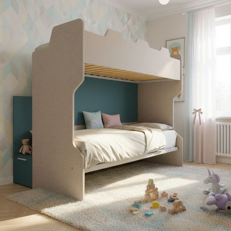 Letto a castello con scala contenitore e terzo letto estraibile - Cameretta salvaspazio - Effetto Tessuto e Verde Petrolio