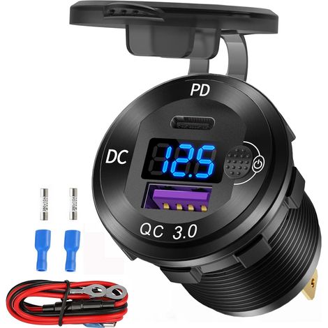 Chargeur Voiture 12V USB C en Aluminium, Prise USB 12 Volts, PD 20W et Quick Charge 3.0 18W Port U-S-B de Voiture étanche avec Voltmètre (1/5)