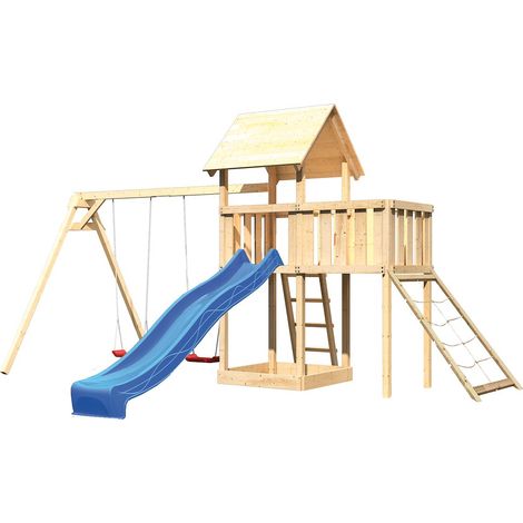 Akubi Lotti Satteldach natur Rutsche blau+DS+ABP+Netzrampe
