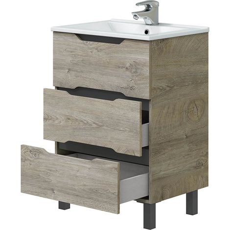 Mobile Sottolavabo Sozop, 3 Cassetti, Soft Close, Apertura Scorrevole, 60x45x86h cm Marrone Rovere Grigio