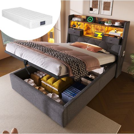 Letto contenitore bambini 90x200 cm con LED, porte USB-Type-C e vano comodino, in lino grigio, materasso incluso (1/5)