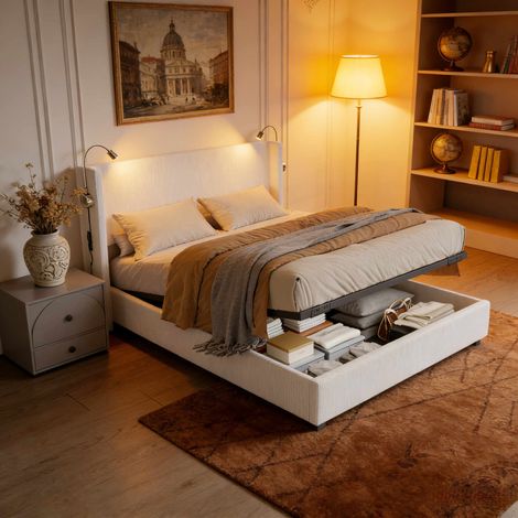 Letto matrimoniale contenitore 140x200 cm beige con luce LED lettura, letto imbottito moderno, struttura in acciaio e legno massello
