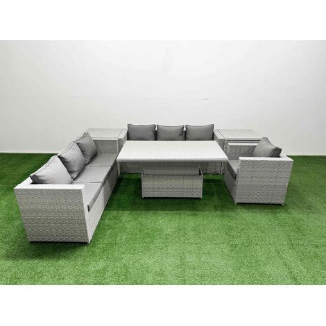 Fimous 6 PCs Rising Dining Table Set Rattan Furniture Set with 3 Seater Sofa Chair 2 Side Tables Light Grey (1/5)