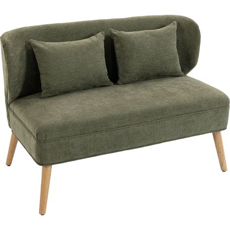 Petit Canapé 2 Places Droit Dossier à Oreilles Assise Épaisses Pieds en Bois Vert Foncé 117x65x78.5 Cm (1/5)