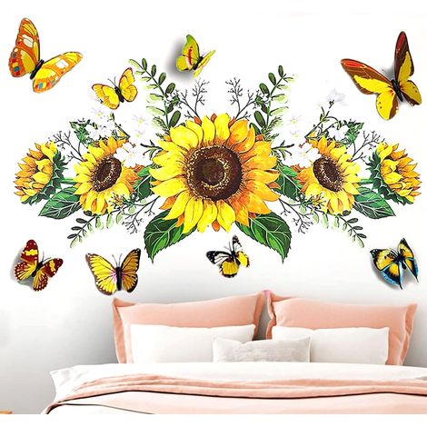 Autocollants muraux tournesol avec papillon 3D, autocollants muraux tournesol, autocollants muraux pour chambre