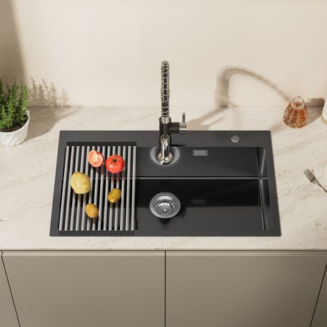 Évier Cuisine en Inox 75x45x19CM Évier 1 Bac avec Égouttoir pliable et Système de Drainage, Évier à Encastrer pour Meuble de 80 cm, Gris-noir