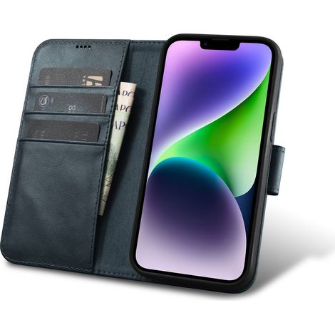 2-in-1 Leder-Klapphülle für iPhone 14 Plus, Anti-RFID-Ölwachs-Geldbörsenhülle, Blau (1/5)