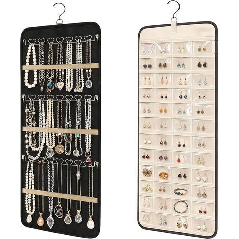 Organisateur de bijoux à suspendre avec crochet en métal rotatif à 360° - Rangement de bijoux double face - Rangement mural pour bagues, boucles d'oreilles et colliers (1/5)
