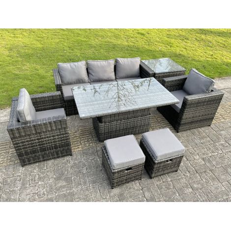 Fimous Rattan Garden Furniture Set Rising Adjustable Dining Table Lounge Sofa Set With Foostools Dark Grey Mixed Extra Side High Tall Coffee Tea Table (1/5)