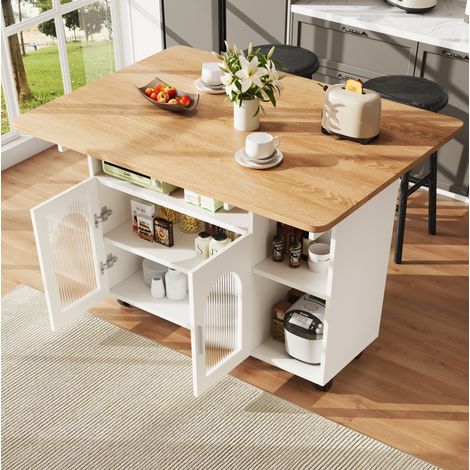 Carrello da cucina su ruote 120x30x79,5 cm con vassoio ribaltabile, vano portaoggetti, in MDF e vetro, bianco (1/5)