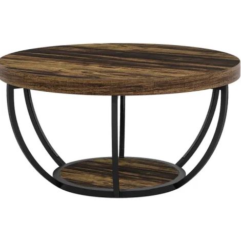 CHICFURN Mesa auxiliar redonda pequeña de 2 niveles de 80,5 cm de madera y metal marrón para salón (1/5)