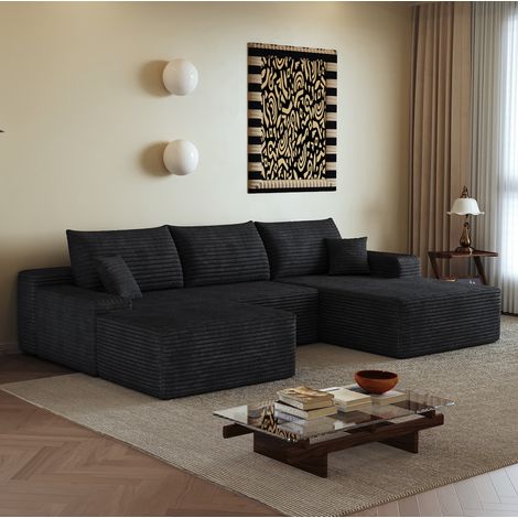 Canapé d'angle modulaire en tissu noir sans montage HAVRYA (1/5)