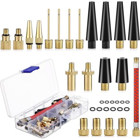 Embout Pompe Velo, 33 Pièces Embout Gonfleur Ballon, DV SV AV Adaptateur Pompe Velo avec Boîte de Rangement，Adaptateur de Valve avec Tuyau de Gonflage, pour Vélo, Pompe à Vélo et Compresseurs Pompes (1/5)