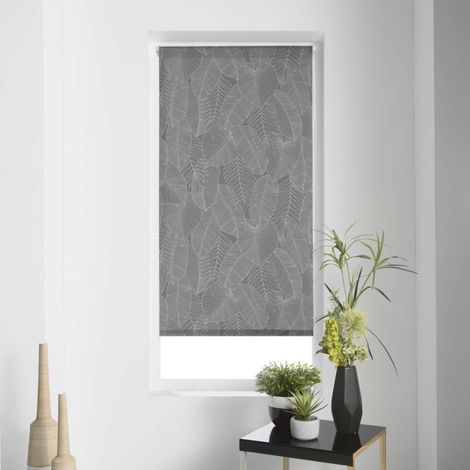 Paris Prix – Store enrouleur 60x90cm gris – Imprimé feuilles – Polyester – Facile à poser – Poids 0,440 kg