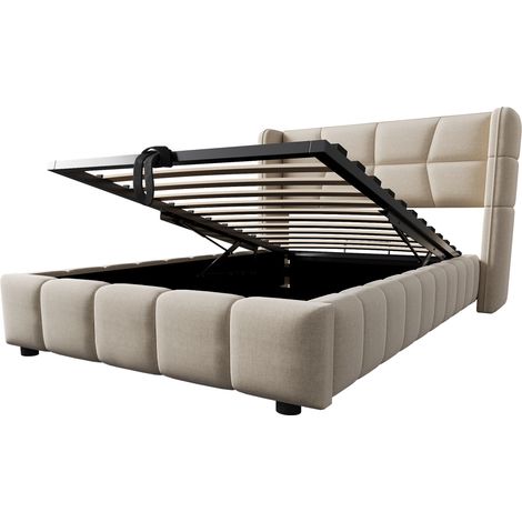 Cama abatible tapizada 90 x 200 cm con somier de láminas, cabecero y elevación, beige (1/5)