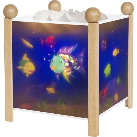 Le Poisson Arc en Ciel. Veilleuse - Lanterne Magique - Idéal Cadeau Enfant - Dessin animé - Lumière rassurante - Couleur Bois Naturel - Ampoule 12V 10W inclue - Prise Elec. UK