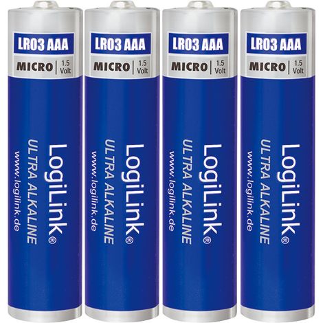 4 Stück AAA-Alkaline-Batterien, 1,5 V Ultra Power, langlebiges Netzteil LogiLink