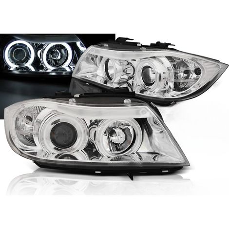 Paire de feux phares BMW serie 3 E90 / E91 de 2005 a 2008 angel eyes CCFL chrome-27361181 (1/4)